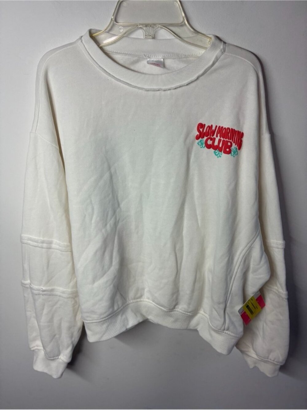 White Crewneck Sweatshirt with Red & Teal Chest Graphic
